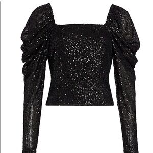 Ramy Brook Sky Top Black Sequin Puff-Sleeve Square-Neck blouse Size 6